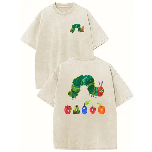 Holafish Pure Cotton Crewneck Acid Washed T-Shirt Retro Acid Wash "The Very Hungry Caterpillar" Dual Side Graphic Printed Unisex Fashion Tees summervibes Casual Top