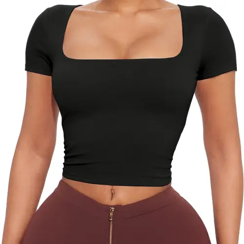 Tournesol Women's Square Neck Double Lined Tops for Summer Shortsleeve Sexy Slim Fit T-Shirt Cute Going Out Crop Tees Soft Stretchy Basic Workout Tops 019