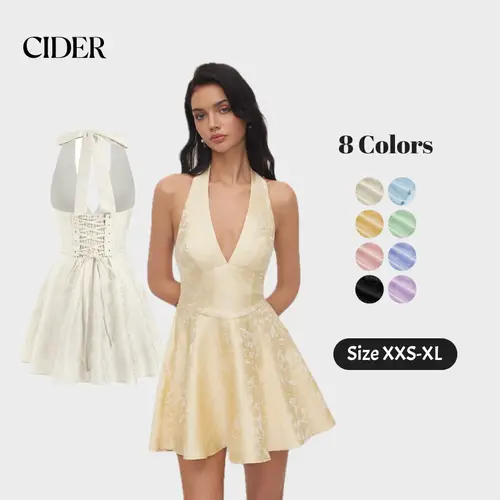 Cider Jacquard Sculptural Halter V-neck Lace Up Backless Ruffle Mini Dress SummerFinds