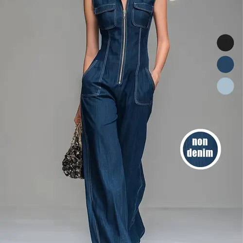 New Spring & Summer Vintage Casual Denim Overalls Jumpsuit, Sleeveless Design, Slimming High Waist Wide-Leg Jumpsuit, Fashionable One-Piece