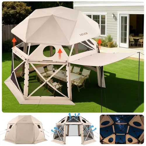VEVOR 15x15 ft Pop Up Gazebo Screen Tent, 13-Sided Spherical Camping Canopy with Adjustable Canopy, Biteproof Mesh, Removable Top, Carry Bag, Quick-Set, PU-Coated Panels for Light Rain, Tie-Back Doors, Beige#SohoChic, Outdoor Shade for 12-15 People