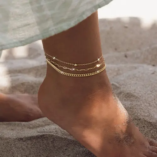 CAROVO 3 PCS Gold Anklets for Women Waterproof Cuban Link Anklet Beaded Bracelets Stackable Bracelets 14K Gold Plated Custom Jewelry Gifts Non Tarnish Lightweight, Bracelets Stacking, Non Tarnish Bracelets, Party Wear