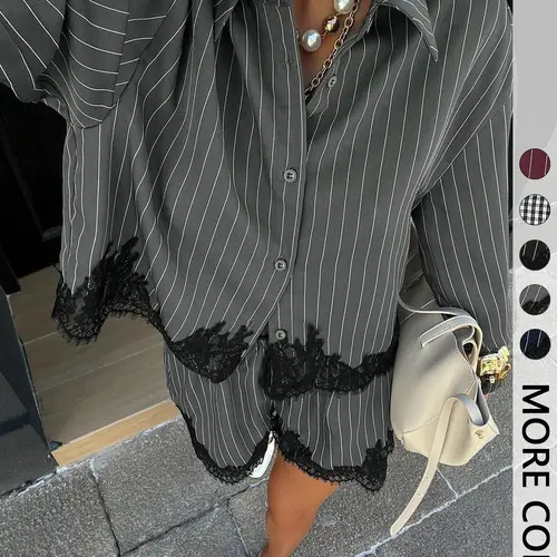 2 Piece Spring Summer Striped Lace Trim Outfit Set Suits Women | Long Sleeve Button Down Top Shirt + Drawstring Waist Shorts | Casual Chic Style for Daily Office Vacation Wear