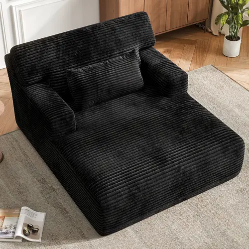 COPIAE Minimalist Oversized Corduroy Chaise Lounge Chair - High-Density Foam Plush Upholstered Sleeper with Oversized Seat, Back, Soft Corduroy Cover, Throw Pillow, Supports 2, No Assembly Required for Living Room, Supports Two, Chair With Cushion, Cushio
