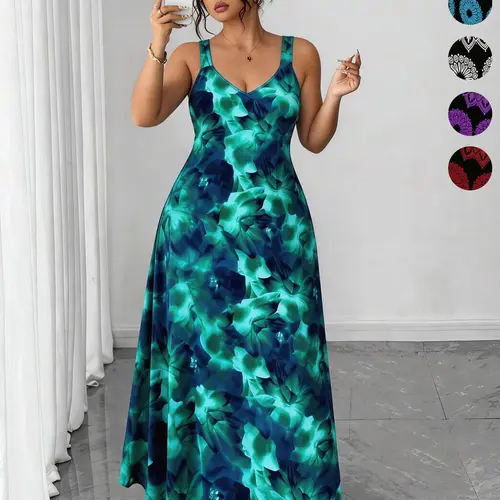 Plus Size Women's Ditsy Floral Printed Halter Spaghetti Strap Dress, Loose V Neck Sleeveless Split Long Bohemian Dress, Sexy Boho Chic Style Summer Vacation Casual Wear, Beach Party Pool Lightweight, Boho Style Dresses