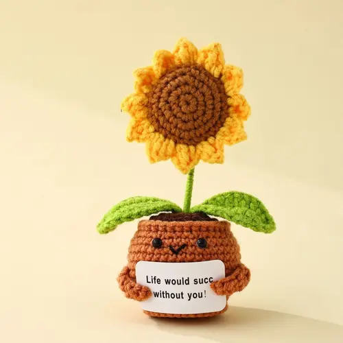 Emotional Support Potted Sunflower,Handmade Positive Crochet Doll with Card 'Life would succ without you' Funny Gifts for Women Men Birthday Friends Coworkers, Office Decor
