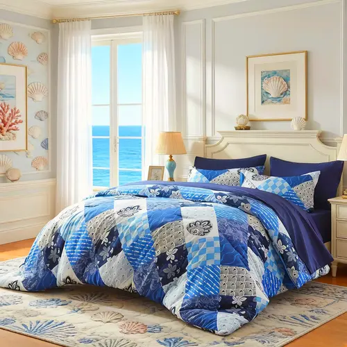 Cosybay Queen 7pcs Boho Comforter Set - Vintage Flower Patches Bedding, Fitted Sheet (Fits 6-15 in Mattresses), Cozy Fresh Sheets, Pillowcases, Ideal for Master Bedrooms, Dorms, Housewarming Gift