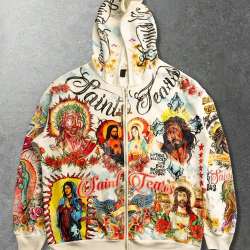 Vintage Saint Tears Religious Faith Based Streetwear Full Print All Over Print Zip Hoodie, American Streetwear Distressed Jesus & Mary Print, Loose-Fitting Fall&winter Sweatshirt