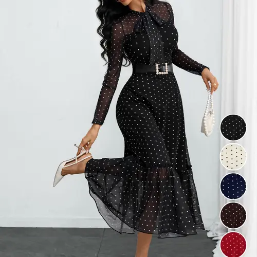 Women's Elegant Vintage Polka Dot Sheer Mesh Print Bow Tie Formal Office Siren Dress, Stylish Workwear, No Belt Included, Perfect for Business