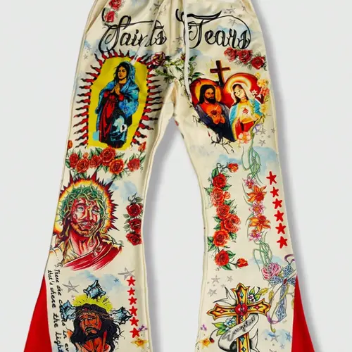 Street Style Vintage Fitted Statement Sweatpants, Saint Tears Religious All Over Print Jesus & Virgin Mary Pattern, Casual Everyday Fashion Unisex Pants for Men and Women