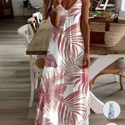 Women's Tropical Plant Leaf Print V-Neck Spaghetti Strap Sleeveless Loose Flowy Vacation Casual Dress，Casual Summer Fashion, Boho Chic Style, Bohemian Casual Trendy, Bohemian Style Dresses, Comfortable and Stylish, Perfect for Travel and Daily Wear