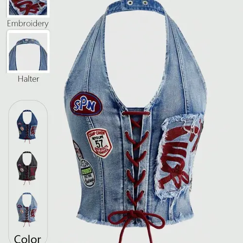 Women's Summer Halter Neckline Light-Wash Denim Patchwork Top with Adjustable Drawstring, Slim-Fit Sleeveless Vintage Y2K Streetwear Street Style