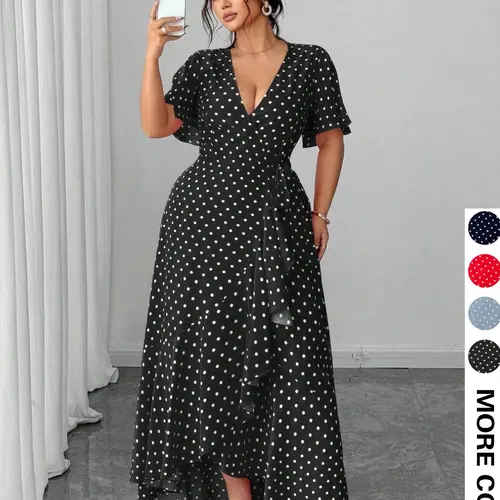 Plus Size Elegant Polka Dot Print V Neck Dress, Casual Summer Wear, Waist Cinching Adjustable Belt Flounce Ruffled Sleeve Irregular Hem Flowy Long Dress, Women's Stylish Fashion Chic Clothing Elegance
