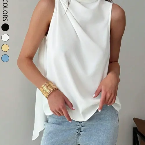Women's Casual Basic Solid Color Shirt, Sleeveless Blouse With Ruched Hemi Swing For Women, Ladies' Relaxed Fit Plain Top, Comfortable Daily Wear, Everyday Wear Tops
