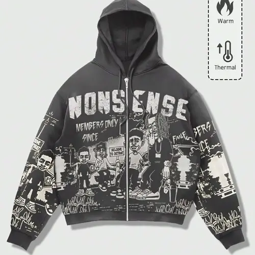 Street Style Zipper Hoodie, Cartoon Graffiti Print Nonsense Streetwear, Loose Fit Fall & Winter Casual Fashion Long Sleeve, All over Pop Art Design Sweatshirts, Full Print Hoodie, Casual Hooded Sweatshirt