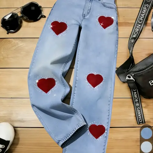 Women's Valentine's Day Themed Wide-Leg Pants with Button, Fit Denim Jeans with Heart Embellished and Rhinestone Design, Casual Streetwear for Daily Wear and Dates, Bottoms