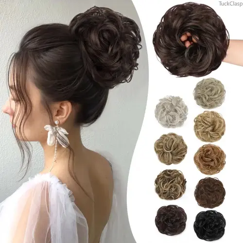 Iridescent Messy Bun Hair Piece for Women, Wavy Curly Scrunchie with Elastic Band, Short Synthetic Tousled Bun, Stretchy Fluffy Chignon for Ponytail Updos and Everyday Styling