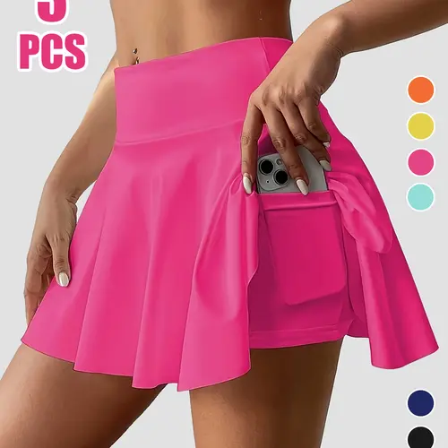 Women's 3 Piece Skirts 2 in 1 High Waist Sports Skirt Flowy Cheeky Short Skirts Gym Skirts Versatile Stretchy Flared Casual Mini Skirt Solid Pocket Design Skirt for Yoga Gym Workout Ladies Sportswear for Summer High Waisted Skirts Solid Color Skirt out