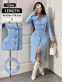 Elegant Summer Women's Dress, Slim-Fitting Long Sleeve Denim Dress, Casual Solid Color, Front Button Design, Daily Wear, Basic