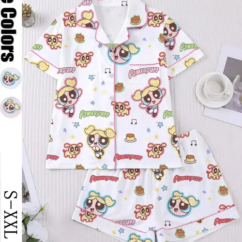Flying Girl Print Women's Pajama Set, Short Sleeve Button-Up Soft Top and Loose Elastic Shorts, Casual Home Wear, Loungewear for Daily Use, Nightwear