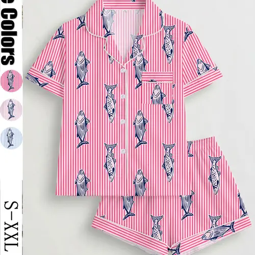 Women's Fish-Print Pajama Set, Short-Sleeve Button-Up Top and Elastic Shorts, Comfortable All-Season Loungewear for Home