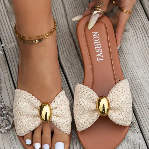 Women's Fashion Bow Flat Sandals, Fashionable Casual Sandals, Casual Summer Footwear with Soft Knit Upper and Metal Round Buckle, Comfortable Sole for Beach Vacation and Daily Commute