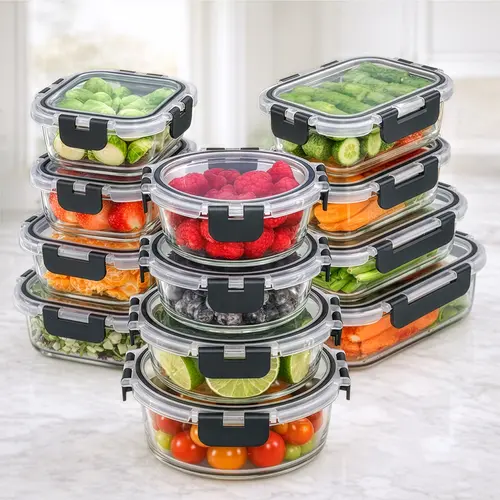 FRESHWARE Glass Food Storage Containers (24-Piece Kitchen Set) - Varied Sizes, Square/Round/Rectangle Shapes, Stackable Storage Containers, Airtight Leakproof Lids, Non-Plastic, Freezer-to-Oven Safe, Ideal for Healthy Meal Prep, Fridge Organization, Glass