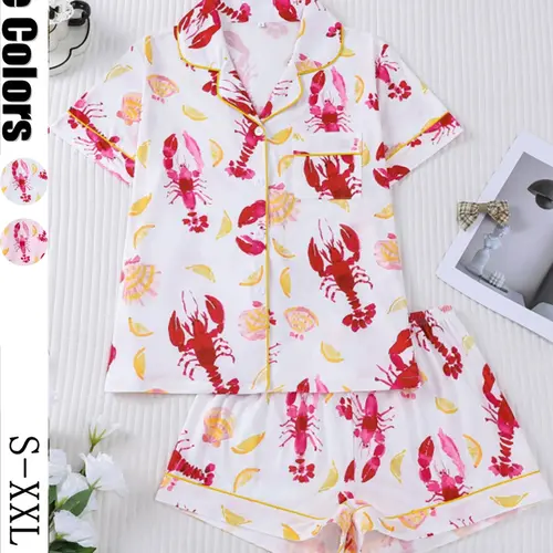 Women's Sleepwear Set, Short Sleeve Lapel Button Soft Top & Elastic Shorts, Casual Home Wear, Comfortable Daily, Pajama Set, Lounge Pajama Style, Loungewear, Homewear, Womenswear, Lady, Pjs