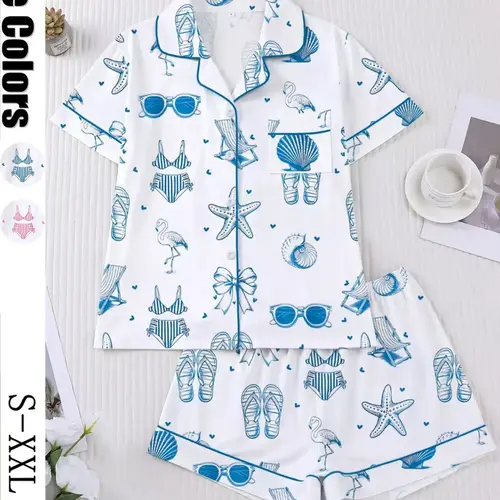 2-Piece Beach-Themed Loungewear Pajama Set with Bikini and Starfish Print, Short-Sleeve Collared Button-Down Soft Top and Loose-Fitting Stretch Shorts, Everyday Outfit for Holidays, Casual Outdoor Wear, Casual Summer Sleepwear