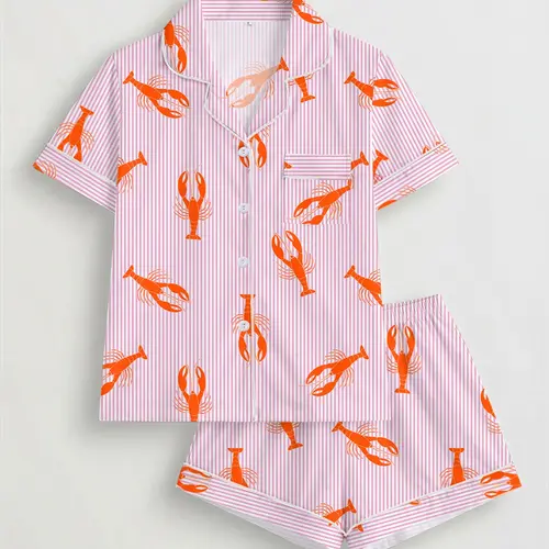 Women's All-Over Printed Pajama Pyjamas Sleepwear Loungewear Matching Set, Nightwear Outfit, Short Sleeve Button-Up Soft Top & Elastic Shorts, Casual Home Wear for Daily Use, Pjs, Homewear, Womenswear, Casual Loungewear Outfit