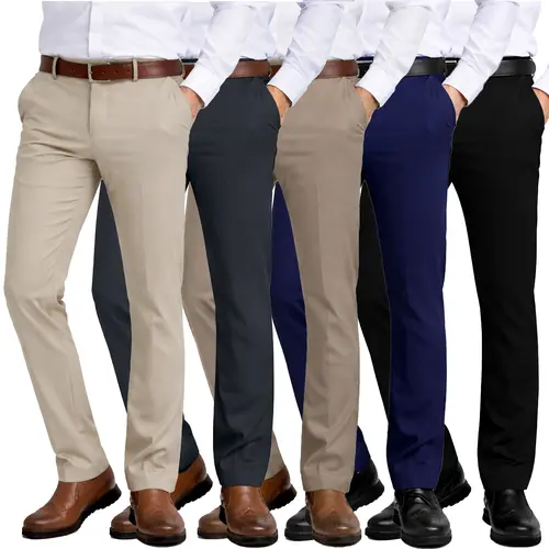 3-Pack Mens Flex Stretch Slim Fit Dress Pants (Sizes, 30-40) Beige Pockets