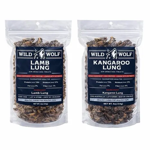 Wild Wolf Kangaroo and Lamb Lung Bundle (4 Oz. Bags) Healthy Dog Chew Treats - Ethically Sourced Human Grade Kangaroo and Lamb Lung - Single-Ingredient - Australia and USA- Free Fast Shipping