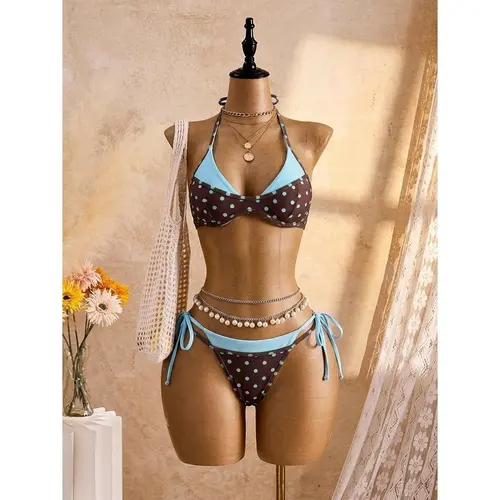 Women's Retro Polka Dot & Pork Chop Print Bikini Set, Light Blue & Brown Polka Dot Asymmetric A-Line Sleeveless Short Bikini
