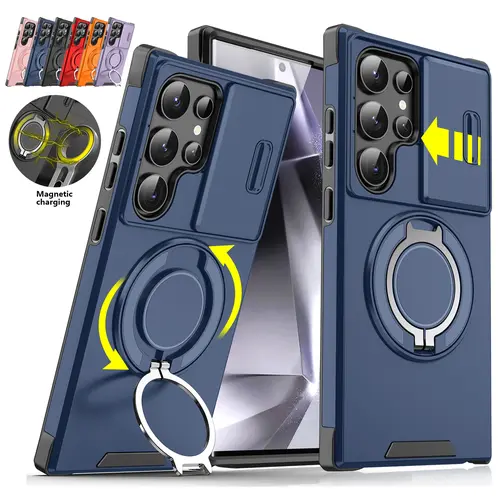 HISTORYOO Heavy Duty Case For Samsung Galaxy S26 Ultra S25 S24 S23 S22 S21 S20 Plus S25/S24/S23 FE Slide Camera Lens Protector Full Bumper Protection Magnetic 360° Rotating Ring Stand Holder Kickstand Military Grade Shockproof Rugged Protective Cover