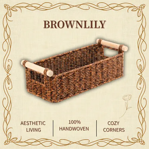 BROWNLILY Classic Handwoven Wicker Toilet Storage Basket with Wooden Handle, Durable Rectangular Bathroom Woven Storage Organizer for Toilet Paper, Towels, Vanity Counter Use, Faux Rattan