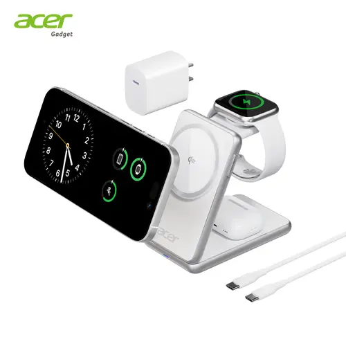 Acer 3-in-1 Wireless Magnetic Charger, MagSafe-Compatible Palm-Size Foldable Fast Charger for iPhone 17/16, Apple Watch, AirPods (Non-Battery, Adapter Included) - Mobile Smartphone Charging Station, Back to School Electroplated Magnetic Charging Cellphone