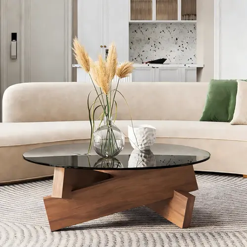 Mid-Century Modern Triangle Glass Flat-Top Coffee Table - Irregular Wooden Base, Abstract Design, Dual-Use 31.5x31.5x12.2in Indoor Living Room Furniture for Home, Office Decor, Dual-Use Coffee Tables