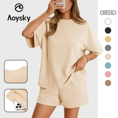 Aoysky Women's Basic 2-Piece Waffle Knit Matching Lounge Set - Round/Crew Neck Short Sleeve Shirt, Loose-Fit Cartoon Clothes, Casual Summer Sets for Women 2 Piece