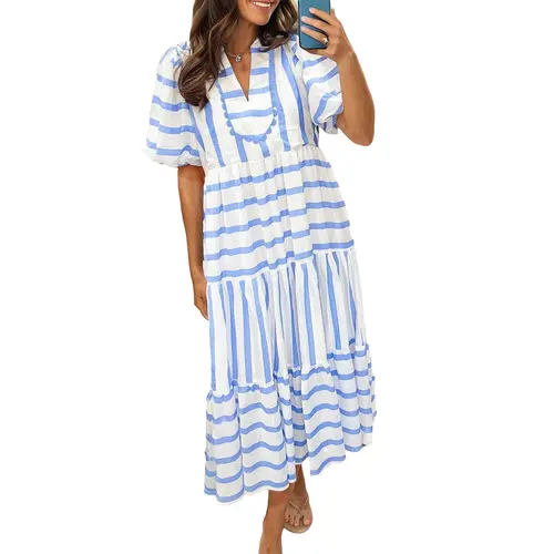 Mntaor Women's Chic Stripe Dress with Ricrac Trim & Notched Neck Half Sleeve Flowy Tiered Hem Ideal for Seaside Getaways Vacations & Romantic Dinners Casual Womenswear
