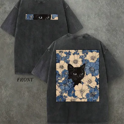 "Cat in the Flowers" Double-Sided Print T-Shirt | Retro Washed 230gsm Cotton, Men's Casual Comfortable Street Style Tee, Vintage Floral Feline Graphic Top Oversized Streetwear Menswear Soft Tshirt