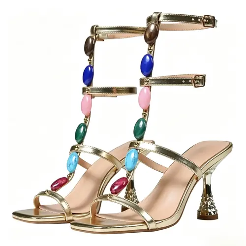 Women's Wine Glass Style Wedge High-Heel Sandals - Colorful Rhinestone Embellished Heels, Polyester Classy Elevated Sandals for Elegant Banquet, Party Footwear