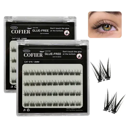 Cofier No-Glue Self-Adhesive Cat Eye Artificial Eyelash Clusters (Small Box), 40PCS Cosmetic Makeup False Eyelashes & Adhesives, 8/10/12/14mm Uniform Length DIY, Beginner-Friendly Easy Natural Application