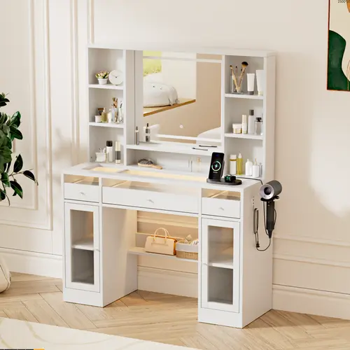 [backtoschool] WeCharmer Vanity Table Set with LED Mirror - Modern Minimalist Adjustable Self-Contained Drawer-Style Bedroom Furniture, Stylish Makeup Vanity with Integrated Storage, Ideal for Room Decor, Women's Gifts, Stylish Makeup Vanities