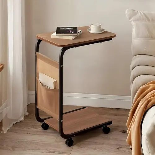 C-Shape 2-Tier Wheeled Storage Table - Sturdy All-Metal Frame, 360° Rotatable Wheels, Space-Saving Narrow Nightstand, Elevated End Table for Living Room Sofa Side, Apartment Furniture for Room Storage Organization