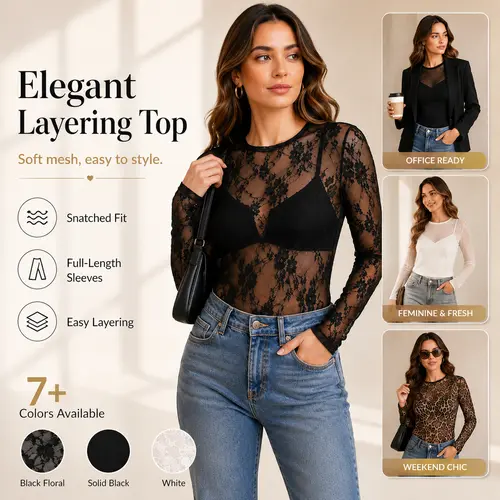 OFEEFAN Womens Mesh Tops Lace Long Sleeve Shirts Crewneck Slim Fitted Outfits See Through Blouses Embroidery Black Casual Elegant