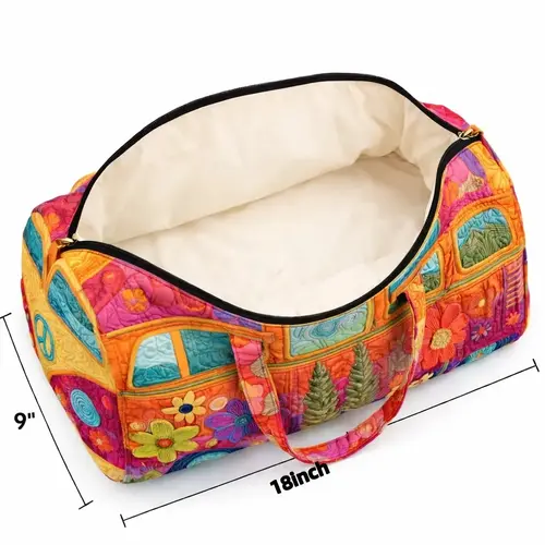 Women's Boho Quilted Duffel Bag - Vintage Hippie Van Floral, Large Capacity Travel Weekender Tote, Lightweight Aesthetic Carry-On Luggage, Sporty Gym Bag for Beach Days, Travel Bag