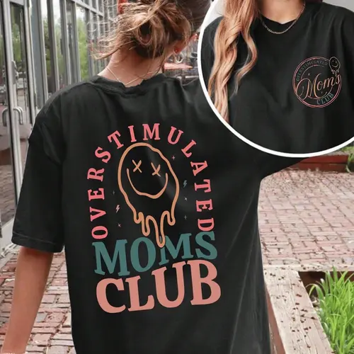 Women's "Overstimulated Moms Club" Graphic Print T-Shirt | Summer Casual Round Neck Short Sleeve Top, Plus Size Comfort Tee, Funny Mom Life Apparel