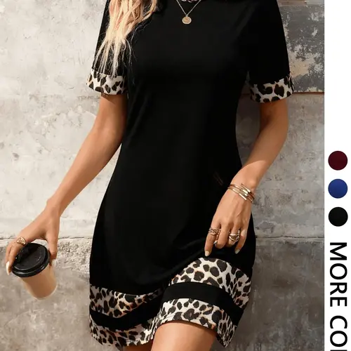 Women's Chic Crew Neck Short Sleeves Mini Dress, Leopard-Print Contrast Cuffs and Hem, Straight-Cut Soft-Stretchy Breathable Fabric, Casual Fit for Daily Wear, Office Commute and Weekend Gatherings