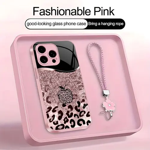 Y2K Pink Leopard Faux Glitter Art Phone Case with Lanyard |  Light Glass Smooth 2D Illusion Cover | for iPhone Samsung Galaxy 17Pro Max Air 16 15Plus 14 13 12 11 S25 S24 S23 cases.985