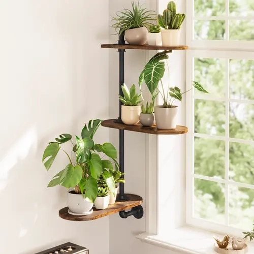 3-Tier Rotating Industrial Wood Window Plant Stand, Quick Wall Mount Indoor Use Shelf with Pre-Drilled Holes for Simple Setup, Max Sun Exposure, Room Decor Gift for Plant Lovers
